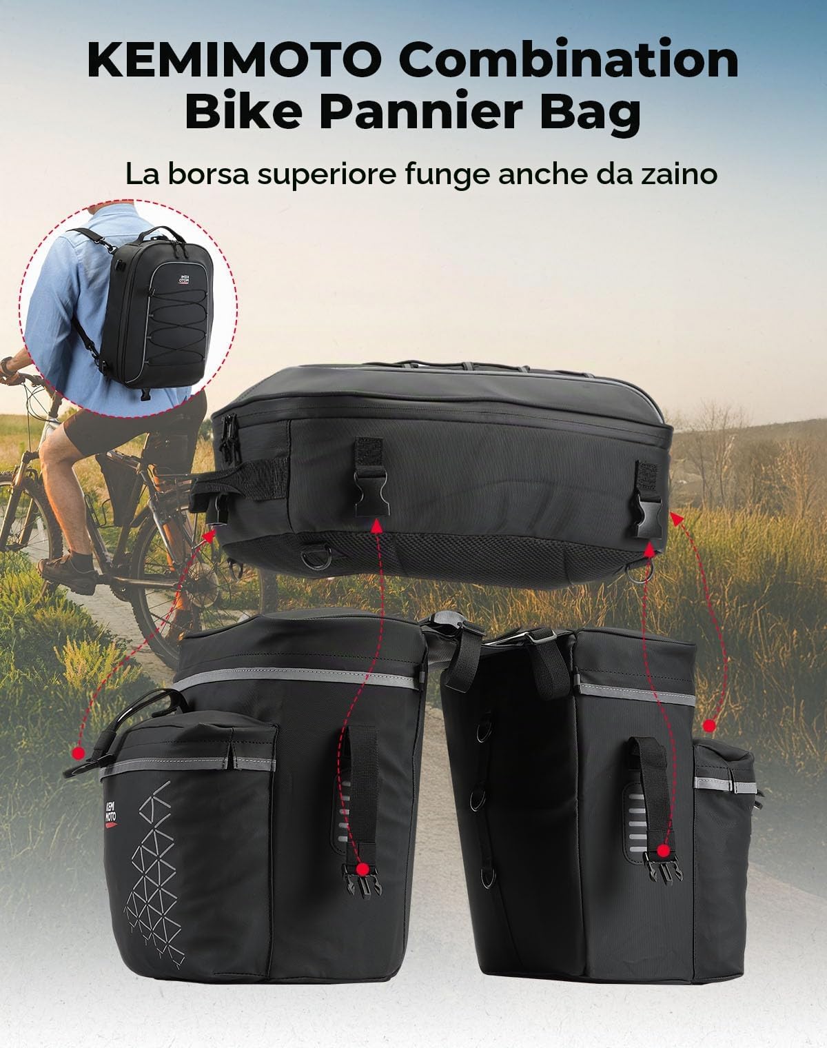 KEMIMOTO Borsa Bici 3 in 1, 52L Borse Bici Posteriore Laterali con Copertura Antipioggia, Borse per Bicicletta Posteriori Impermeabile, Nero