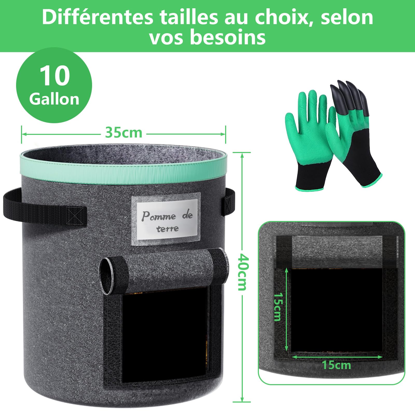 Sac Plantation Pomme de terre 38 litres Lot de 3 : Sacs de culture avec poignées et fenêtre sac de plantation de pommes de terre sac de culture potager de pommes de terre pour légumes, fleurs et fruit