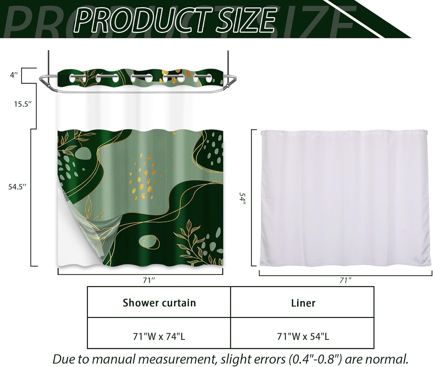 Dark Green Hookless Shower Curtain Mesh with Snap in Liner, Green and Gold Boho No Hook Double Layer Shower Curtain and Liner Set, Ringless with Window Waterproof Cloth Fabric, 71" W x 74" L