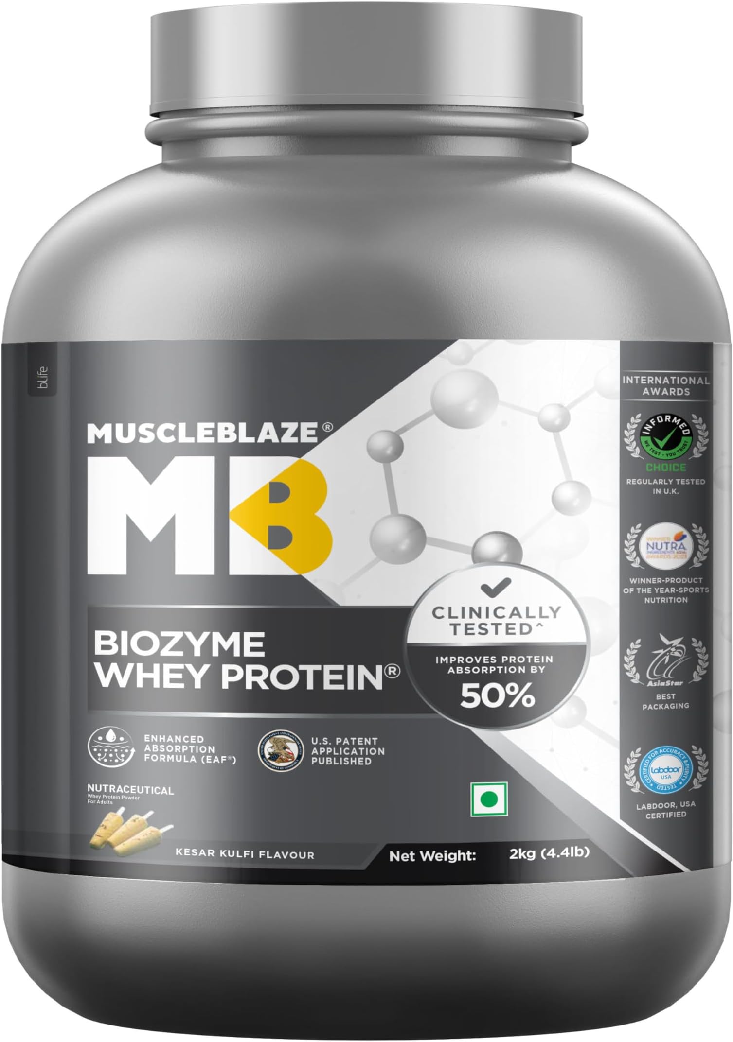 MuscleBlaze Biozyme Whey Isolate & Concentrate | Informed Choice Uk, Labdoor Usa Certified & Usa Patent-Published Enhanced Absorption Formula | (Kesar Kulfi, 2 Kg / 4.4 Lb)
