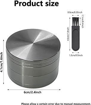 Herb Grinder, Large Spice Grinder 60mm(2.36 inch), 4 Layers Portable Zinc Alloy Grinders with Pollen Scraper and Cleaning Brush (Grey)