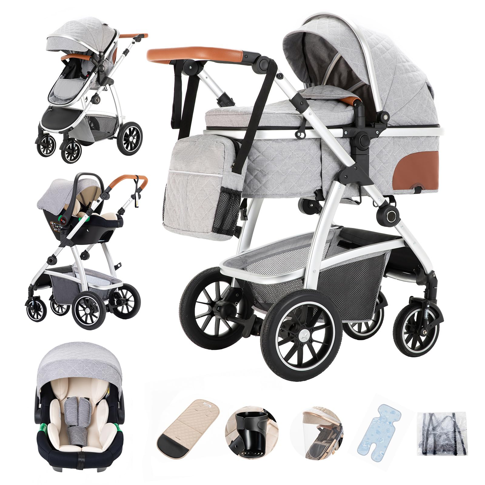 Gcarebb 3 in 1 Kinderwagen, Buggy Mit Auto Babyschale, Mit Höhenverstellbarer Kinderwagen Komplettset, KombiKinderwagen Mit Aluminiumrahmen für Neugeborene 0-4 Jahre