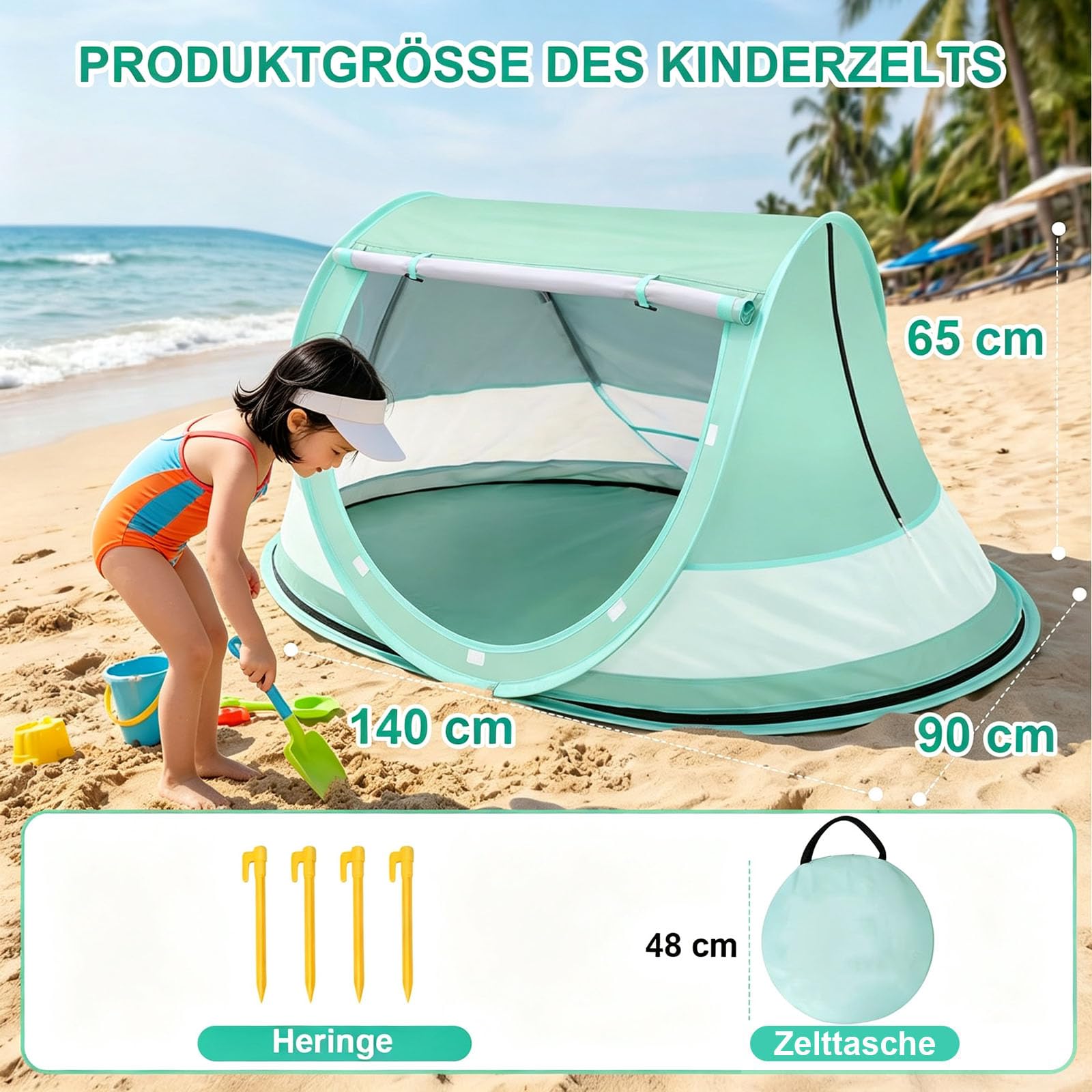 Tente de plage pour bébé - Protection UV 50 - Tente de plage pop-up - Protection solaire pour la plage - Moustiquaire à 360° - Avec sac de transport pour les voyages et le camping - Convient