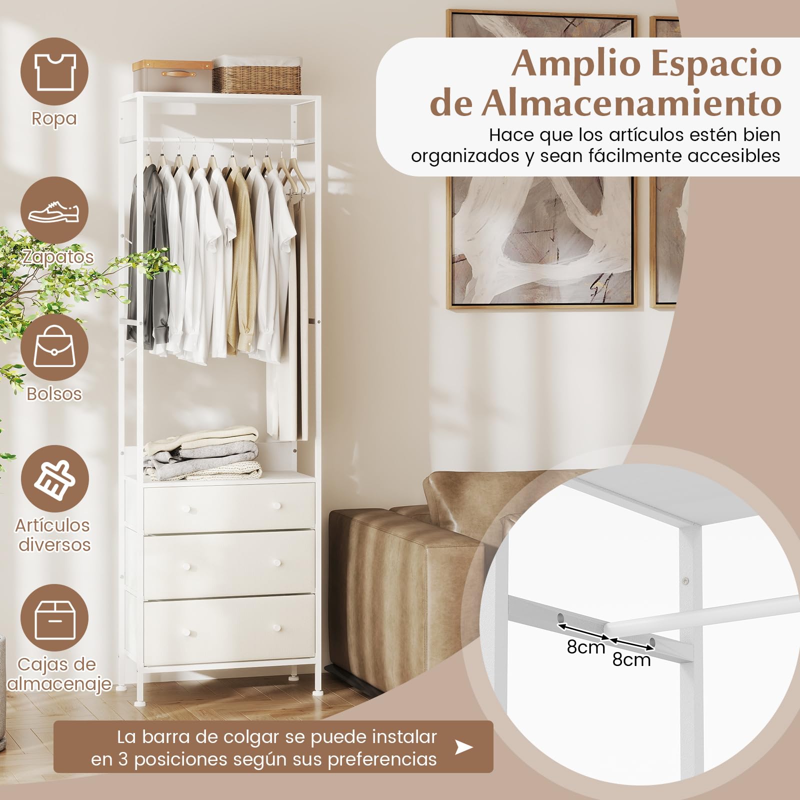 COSTWAY Perchero con 3 Cajones, Organizador de Armario Independiente con Barra para Colgar de 3 Posiciones y Estantes, Dispositivos Antivuelco, Perchero de Entrada Dormitorio, Guardarropa (Blanco)