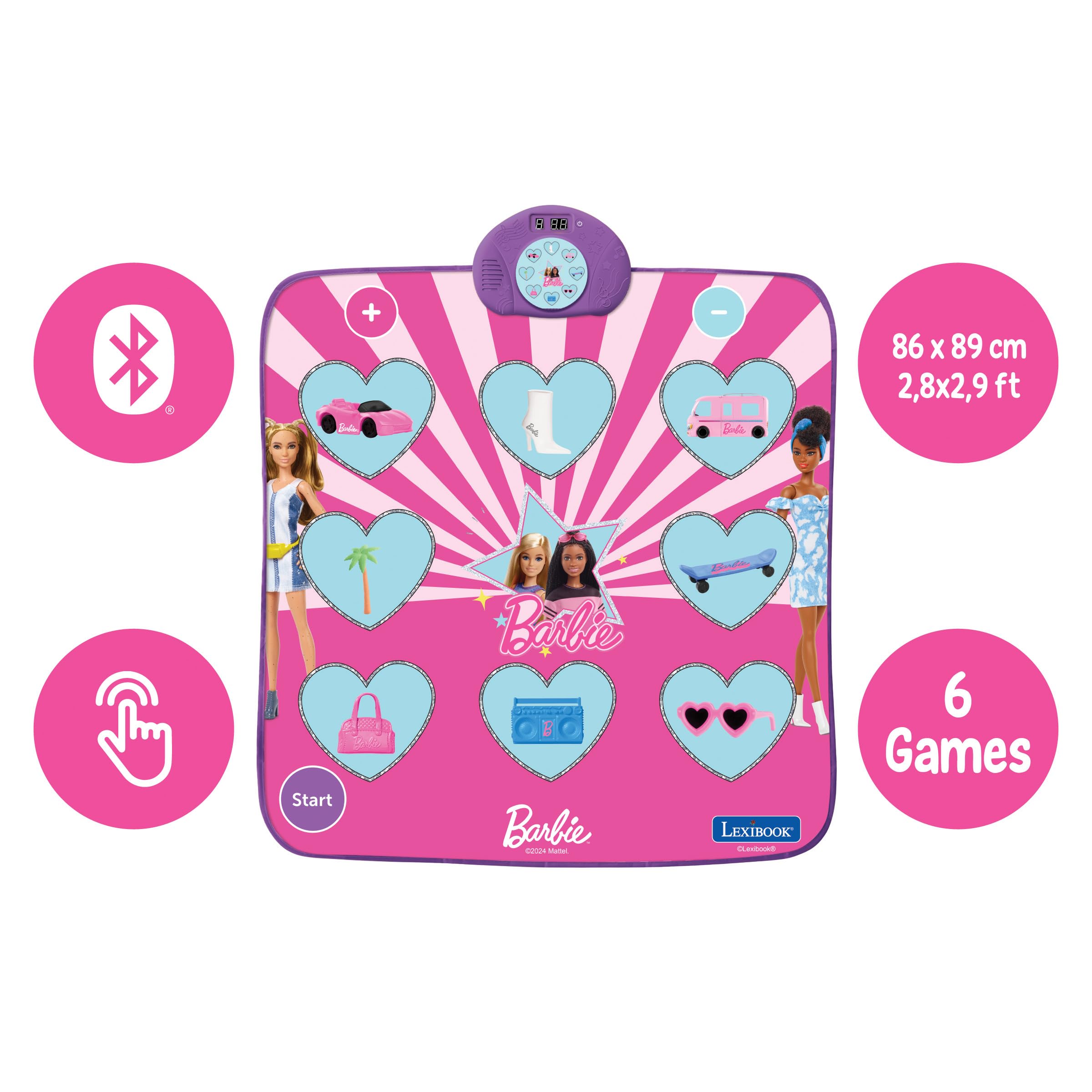 Lexibook, Mattel Barbie, Tappeto da danza elettronico Barbie, Bluetooth e luminoso con 6 modalità di gioco, Rosa, DM10BB
