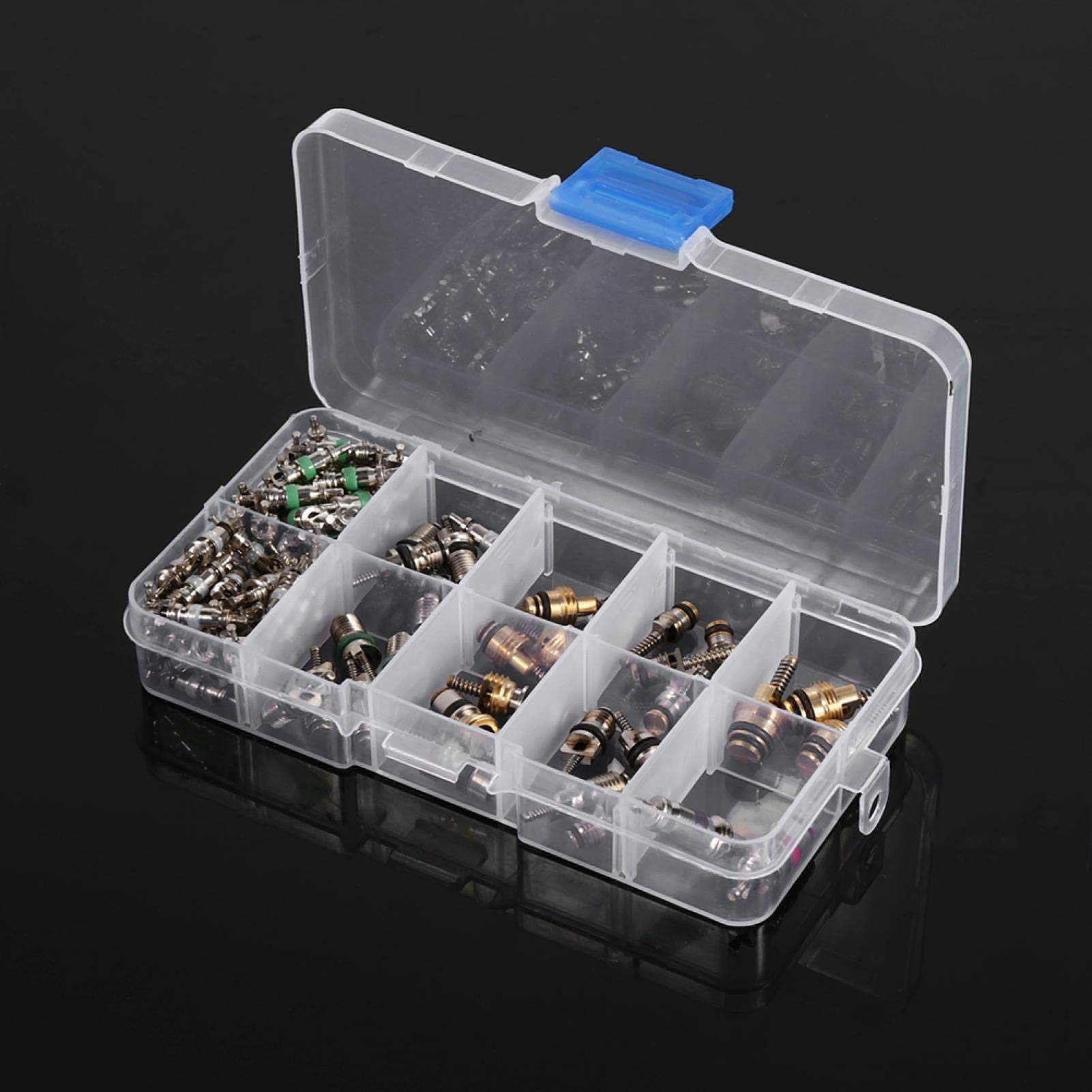 Kit de 102 embouts de valve de climatisation A/C R134a/R12 pour valve de pneu de réfrigération, kit d'outils de démontage, 102 pièces de valve Obus A/C Nucleo Valvula 16 mm pour valve de pneu 102 AC