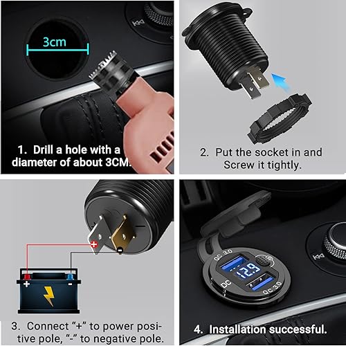 Miniatura 7 de Paquete de 2 salidas USB de 12 V, carga rápida dual 3.0, cargador de aluminio impermeable con voltímetro LED e interruptor de alimentación, Paquete