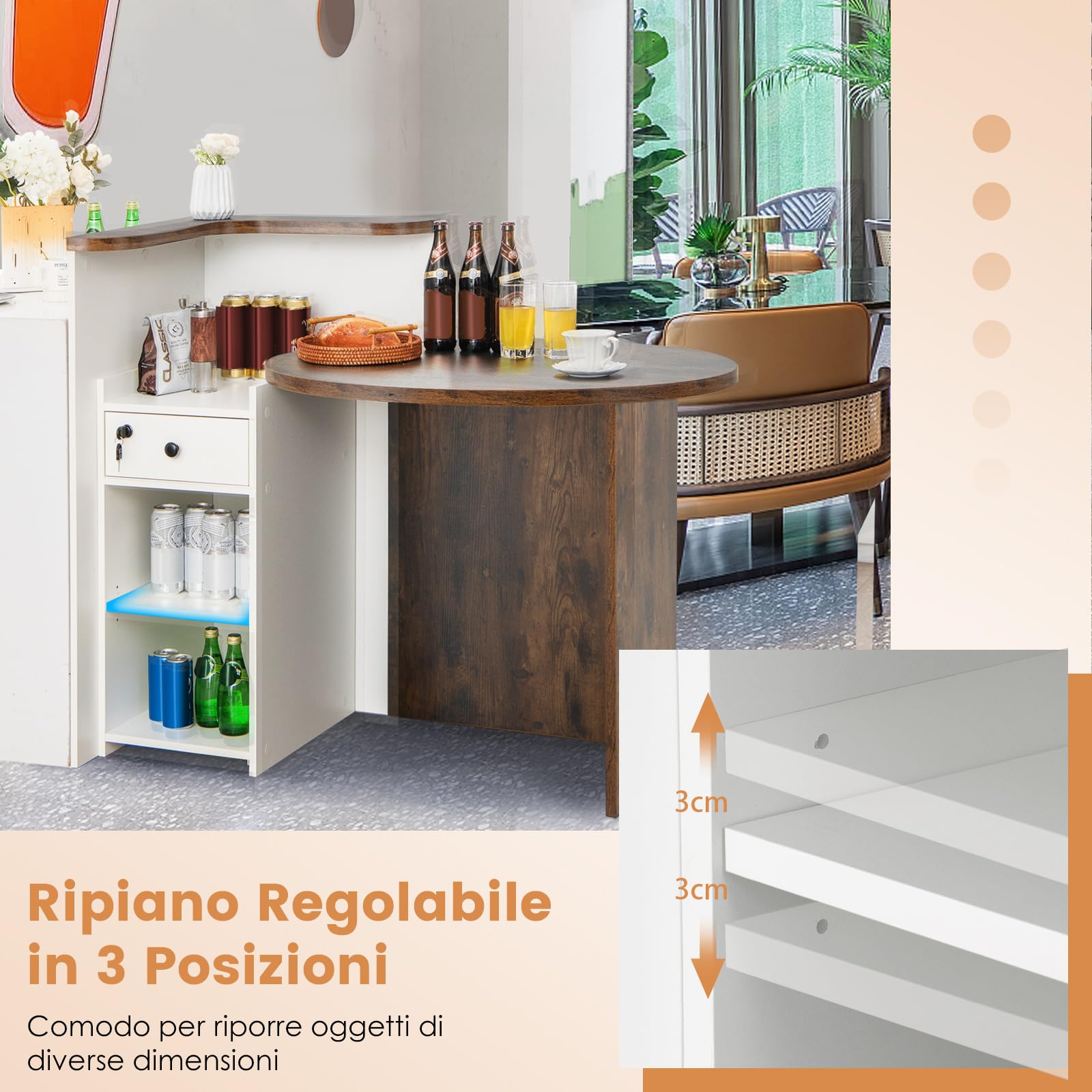 COSTWAY Banco Reception a Forma di L, Bancone per Cassa con Ripiano Regolabile e Cassetto Bloccabile, Piano Ovale, per Negozio, Salone e Ufficio, 120 x 55 x 100 cm (Marrone Rustico+Bianco)