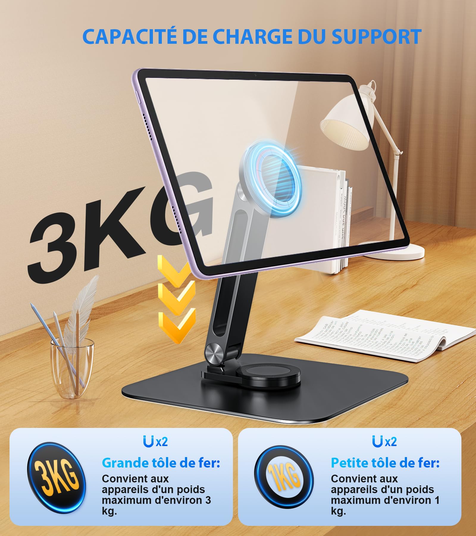 Support Magnétique pour Tablette avec Base Solide, Support de Bureau pour iPhone/Android/iPad, Support Réglable pour Téléphone Portable pour iPhone 16/15/14/13/12, Support de Moniteur