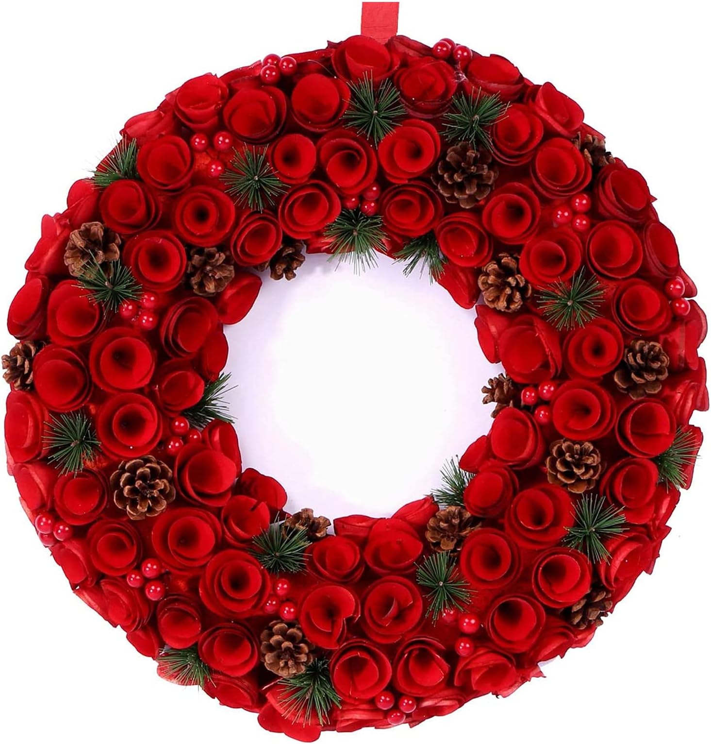 Boxwood Wreath 20" w/ Red Berries Pinecone Natural Wood Handcrafted Fall Winter Christmas Festival Decorative Front Door Fireplace Wall Decoration Home Decor Red Wreath