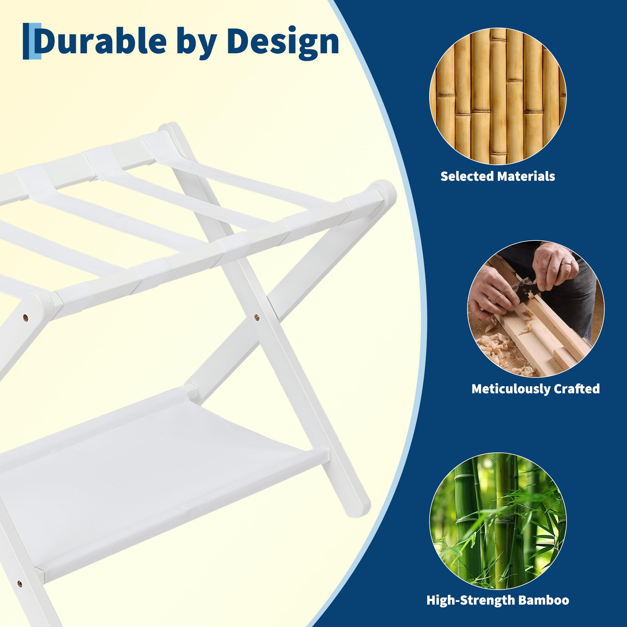 Bambus Gepäckablage Weiß 2er Set, Faltbarer Kofferständer mit Stoffablage für Gästezimmer, Klappbarer Gepäckträger mit Ablagefach, Gepäckständer 67x47x51cm 5,6kg
