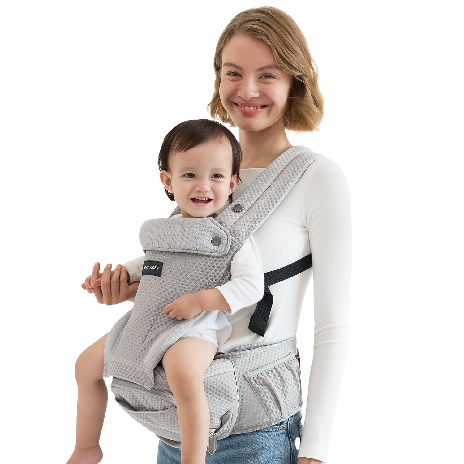Momcozy Marsupio Neonato con Sede Anca 2 in 1, Portabebè Fronte Strada a Mani Libere fino a 20 kg, Marsupio Bambino 4 Stagioni con Cintura Regolabile fino a 115 cm,Grigio Air Mesh