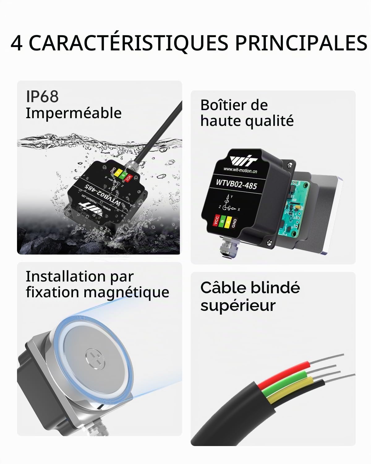 [Capteur de vibrations Modbus RS485] Transducteur étanche IP68 WTVB02-485, détecteur d'accélération de vibrations 3 axes (fréquence + déplacement + vitesse), module