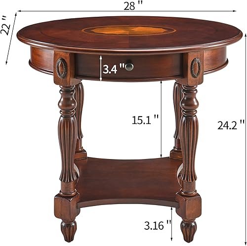 Miniatura 2 de MODERION Mesa auxiliar de madera maciza con cajón, mesa auxiliar ovalada para sofá, estante de almacenamiento, mesa de esquina para sala de estar,