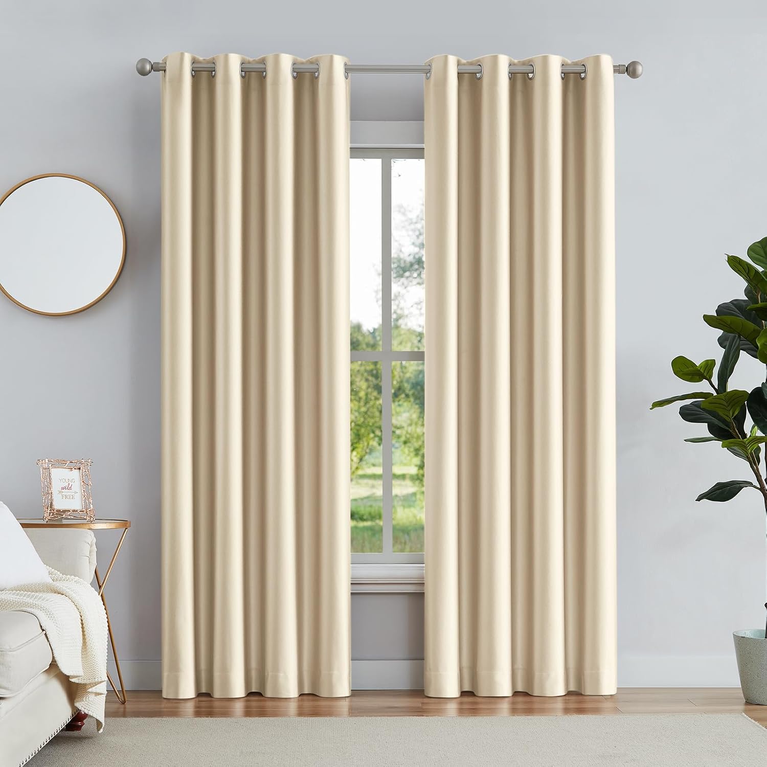 Melodieux Beige Blackout Curtains 63 Inch Length for Bedroom, Thermal Insulated Energy Saving Grommet Embossed Satin Drapes with Black Lining, 52 by 63 Inch, 2 Panels