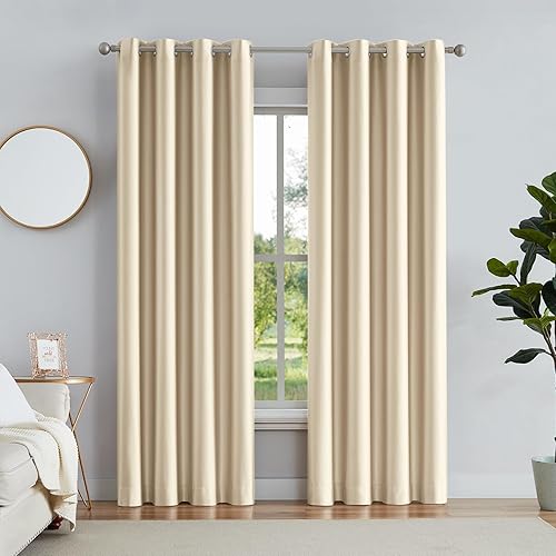 Melodieux Cortinas opacas beige de 84 pulgadas de largo para dormitorio, aislamiento térmico, ahorro de energía, ojales en relieve, cortinas de