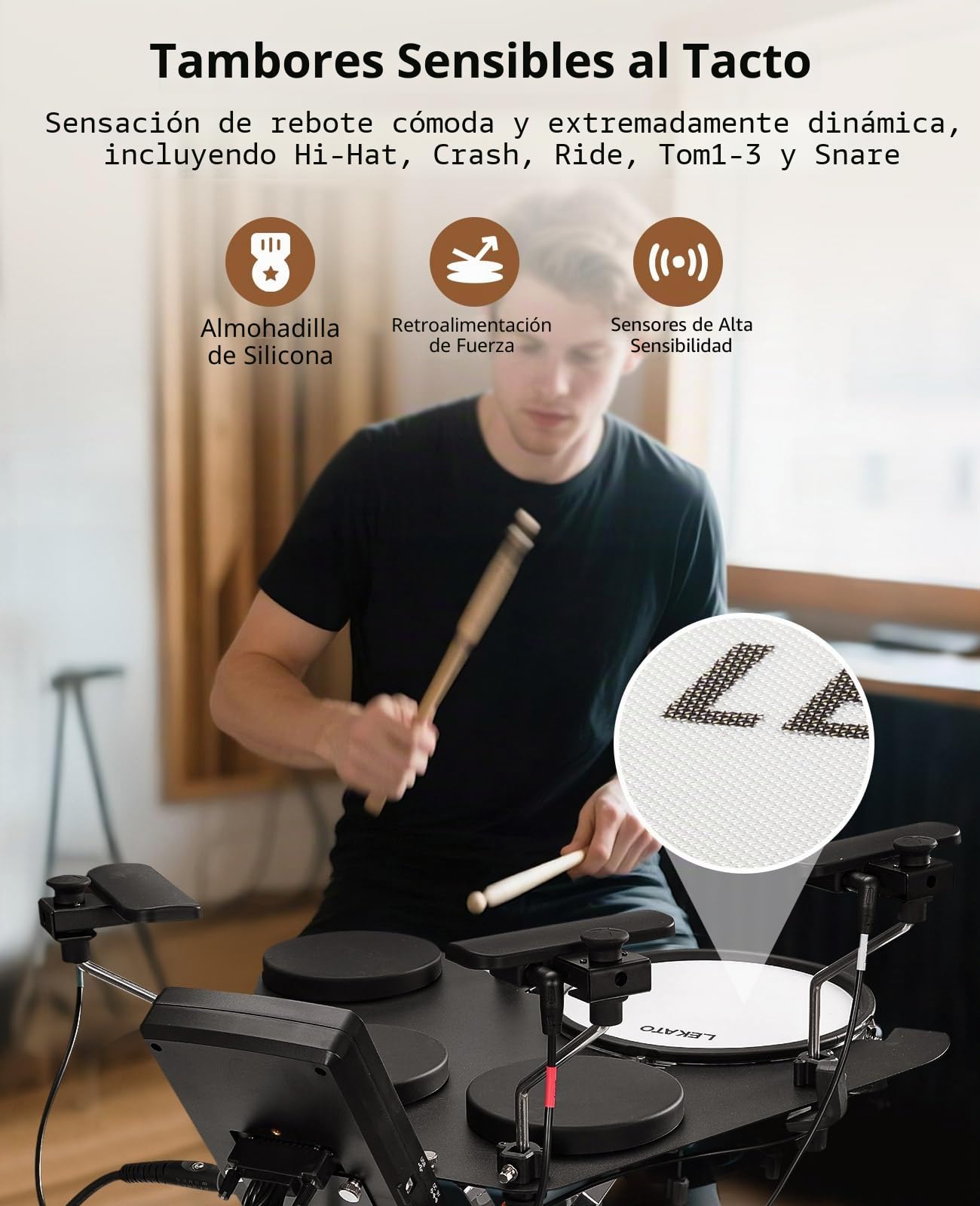 LEKATO CPD-1000 - Batería electrónica con almohadillas de malla silenciosas, juego de batería eléctrica portátil, más de 220 sonidos, USB MIDI, 2 interruptores de pie robustos, palos, bolsa de viaje