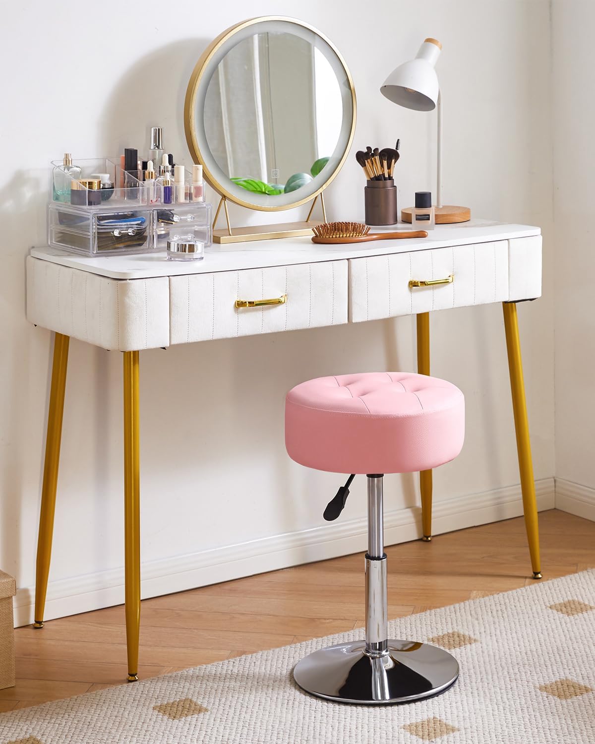 IBUYKE Height Adjustable 360°Swivel Vanity Stool, Tufted Round Vanity Chair for Makeup Room, Faux Leather Vanity Stool for Bathroom, Living Room, Modern Ottoman, Pink WBD025P