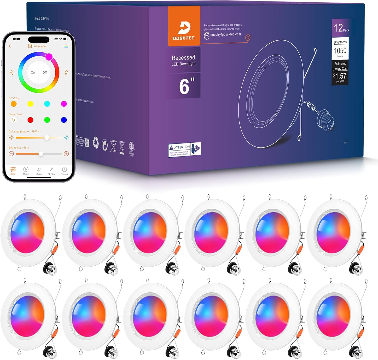 DUSKTEC Smart Recessed Lighting 6 Inch – RGBCW Color Changing LED 13W Can Light Retrofit Recessed Lights 1050 Lumen Dimmable Recess Light Compatible with Alexa & APP Recess Ceiling Lights 12 Pack