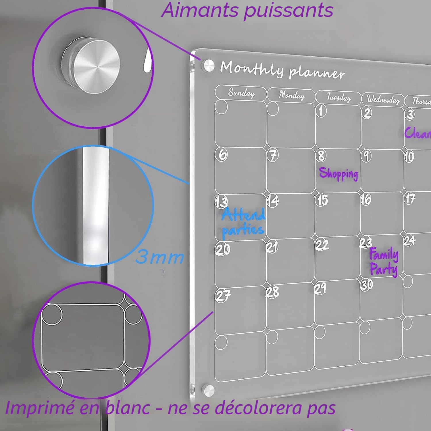 Lot de 2 Calendriers Magnétiques Frigo, Calendriers magnétiques effaçables pour le réfrigérateur, calendrier acrylique transparent, carte de planification mensuelle et hebdomadaire
