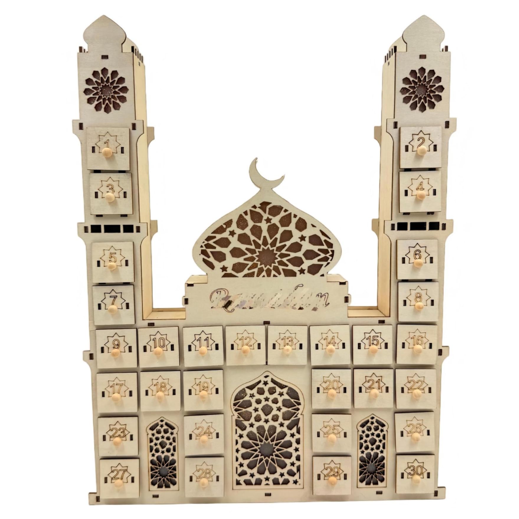 Syutokul Ramadan Advent Calendar, Wooden Ramadan Countdown Calendar with 30 Drawers and Lights for Home Destop.