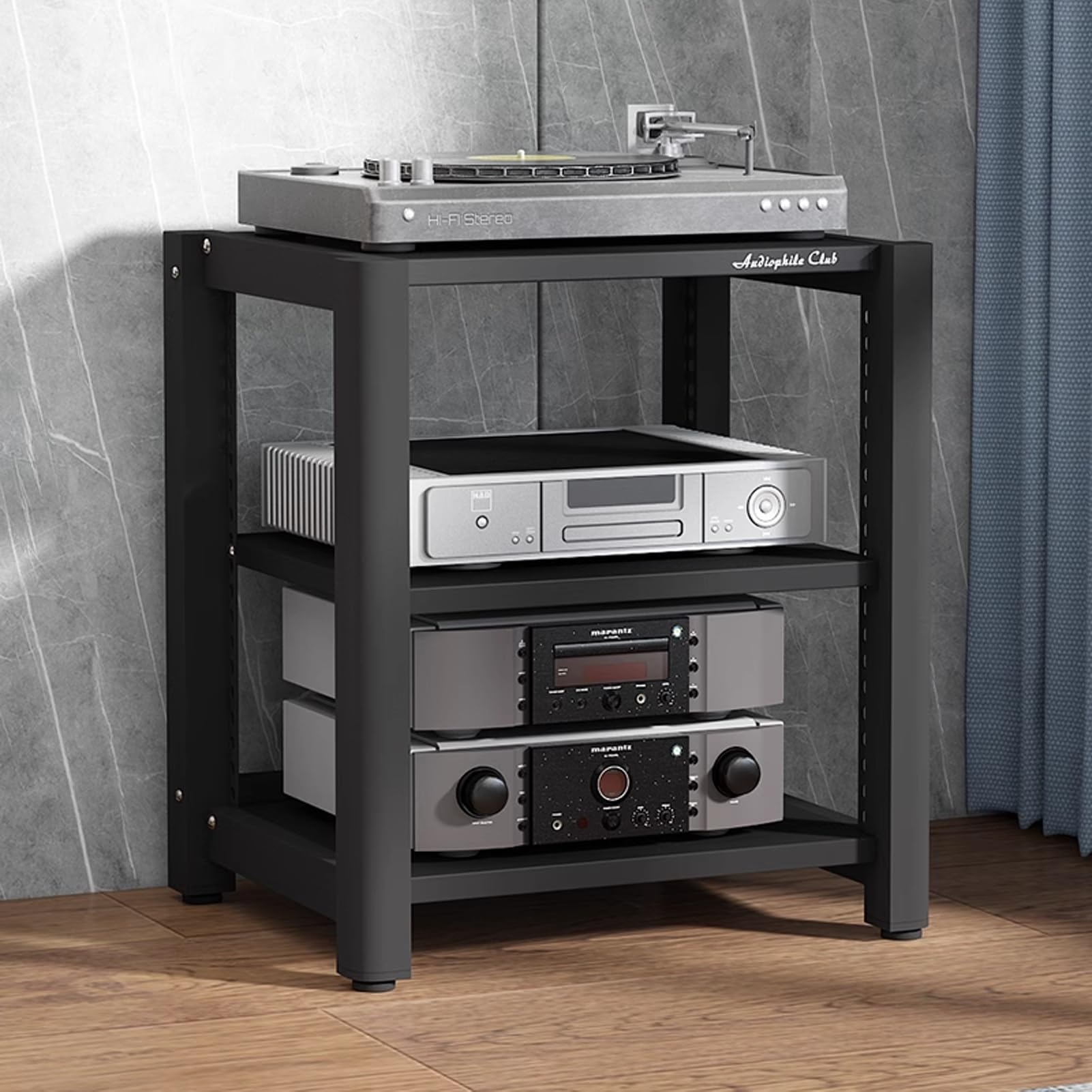 Stojak na płyty winylowe, stojak audio, szafka do przechowywania systemu stereo, nowoczesna wieża rozrywkowa do salonu i sypialni, czarna, 64 cm