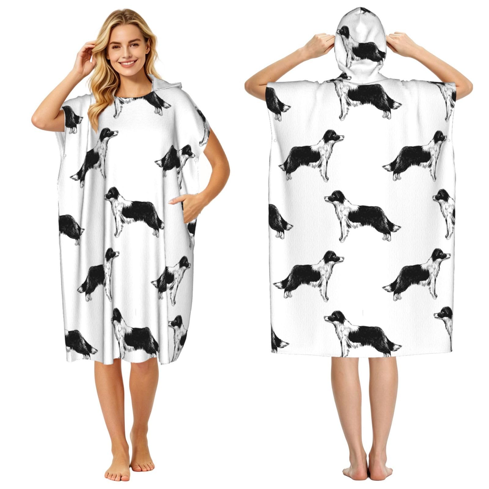Poadnly Border Collies, Adult Hooded Beach Towel 90 x 110 cm,Changing Bath Robe, Surf Poncho Towel For Women Men