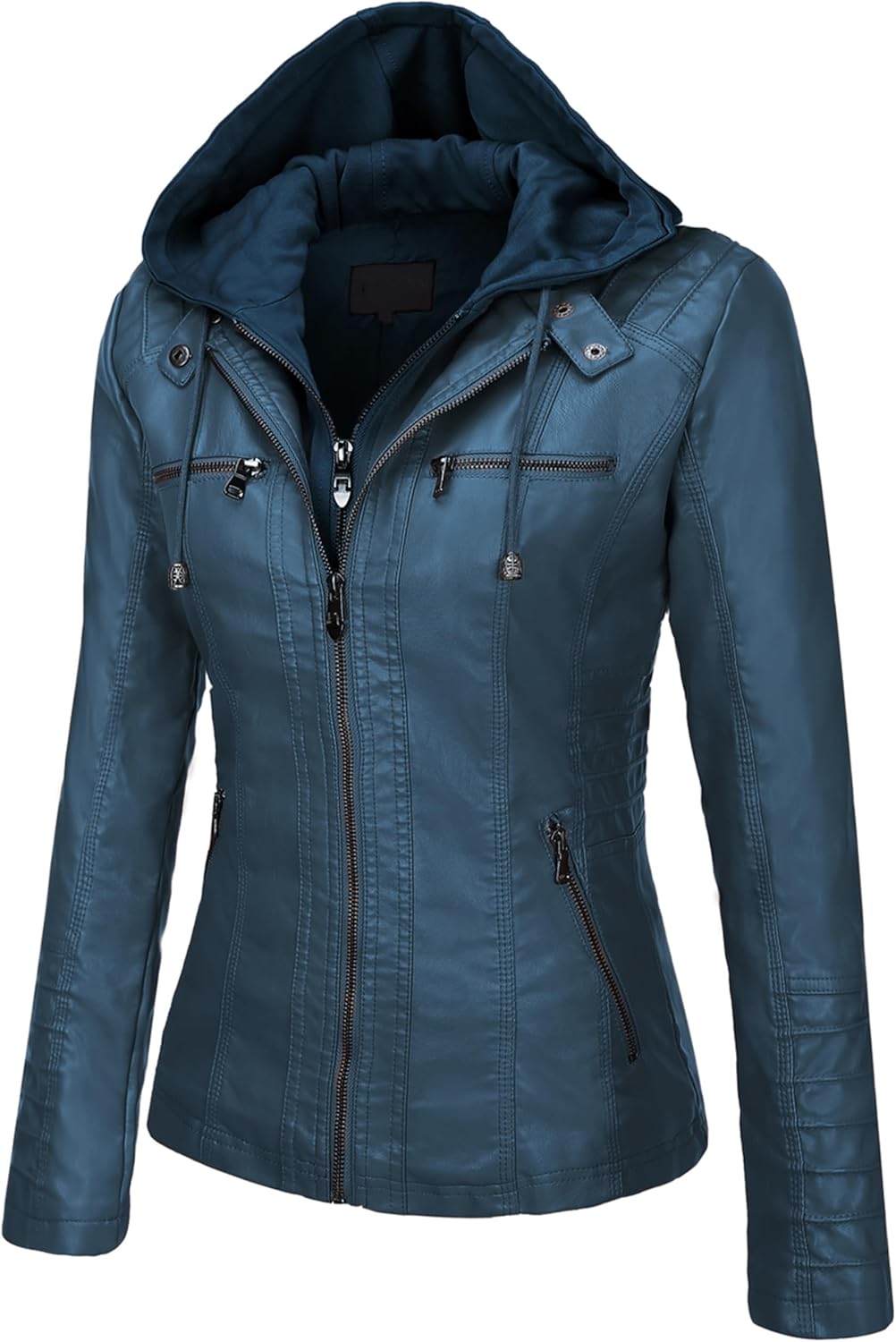 Springrain Women's Faux Leather Jacket Moto Biker Coat with Detachable Hood Motorcycle Jacket - Image 2
