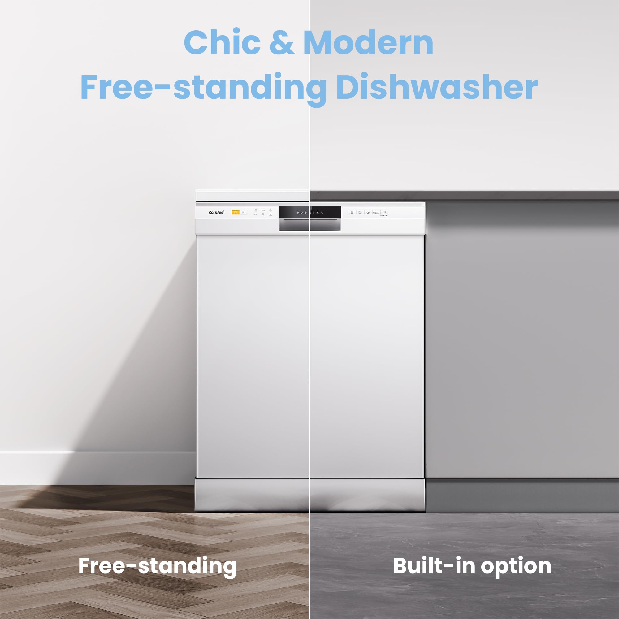 COMFEE' Dishwasher Freestanding with 13 Place Settings, New Upgraded Full Size Dishwasher 60cm Width, CDWPF1301PWD-UK, Auto Door Open Drying, Quick Wash, Hygiene Wash, Delay Start, Half Load -White — view 7