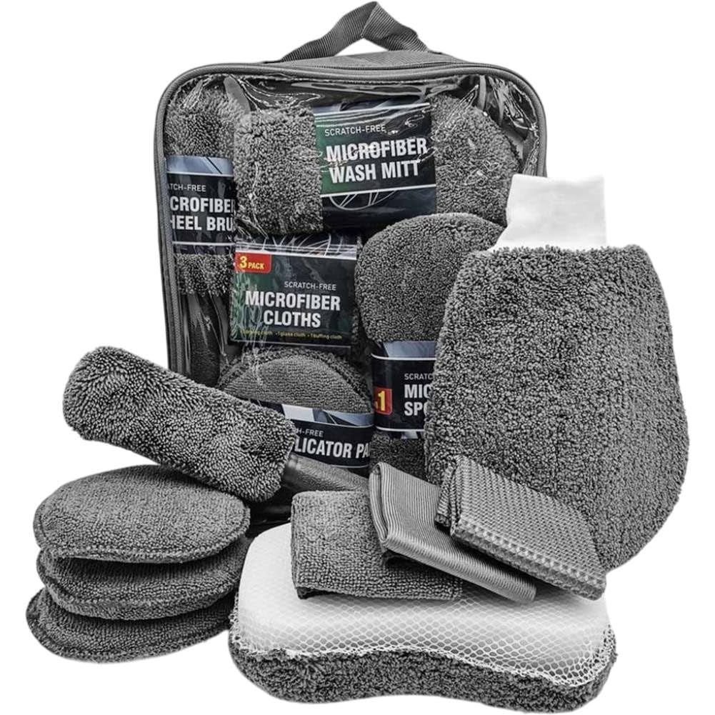 ZYWUOY Kit di pulizia per lavaggio auto, set di 9 attrezzi in microfibra con tamponi per lucidatura, spazzole e asciugamani per interni ed esterni