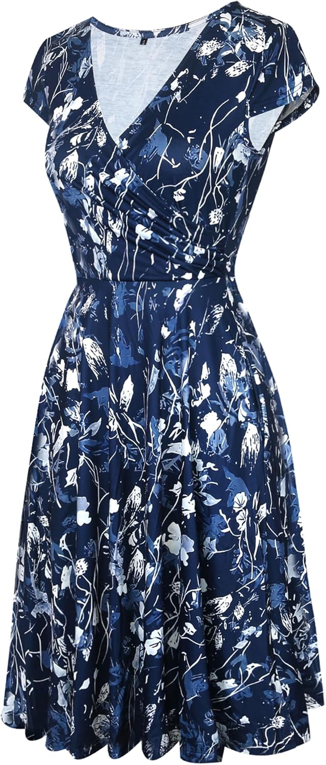 oxiuly Women's Vintage Dot V-Neck Cap Sleeve Casual Pockets Swing Tea Dress OX296 - Image 3