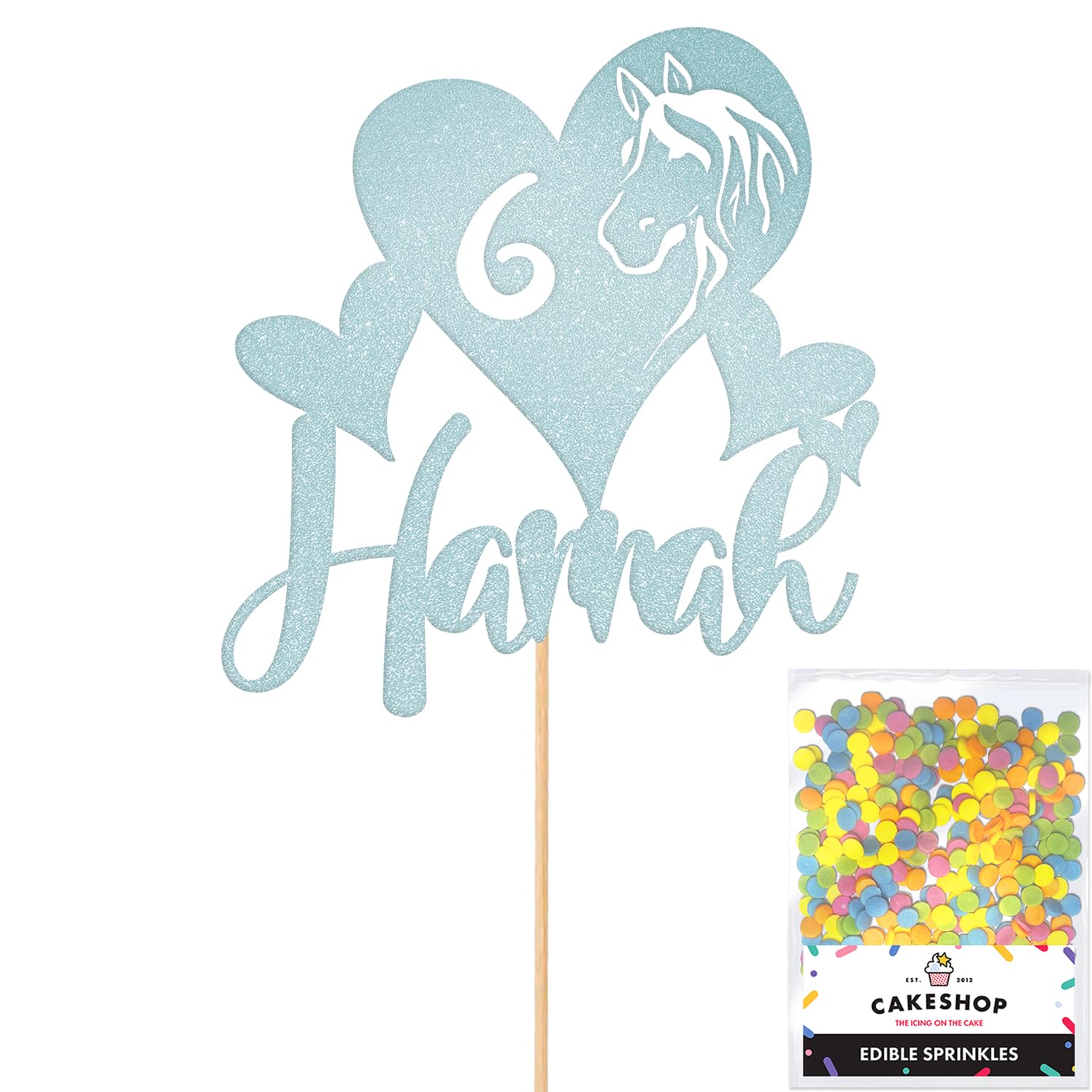 Personalised Horse Pony Love Heart Glitter Cake Topper - Light Blue Custom Age & Name Glitter Cake Decoration and Sprinkles - Happy Birthday Decorations - Personalised Toppers for Cakes by Cakeshop