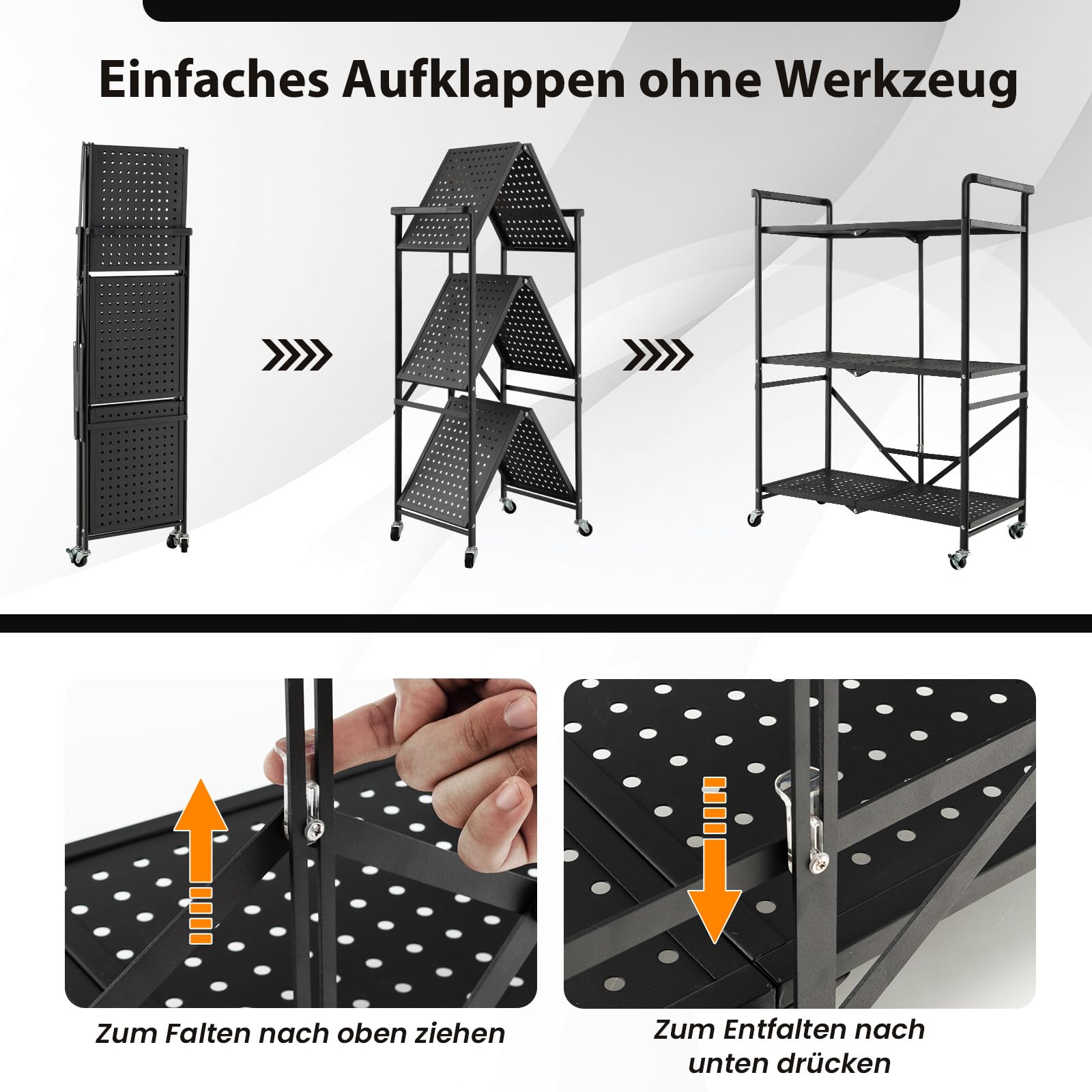COSTWAY Servierwagen klappbar, Küchenwagen mit 4 Rollen, 2 feststellbar, 3 Etagen Metallregal, Allzweckwagen für Küche Büro Garage Wohnzimmer, Beistellwagen Stabil, Rollwagen Metall, Schwarz