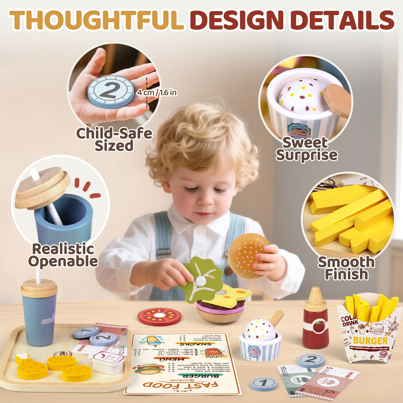 Airlab Fast Food Giocattolo, Accessori Cucina Giocattolo Legno per Bambini Bambina, Set Cibo Veloce Finto Giocattolo per Cucina Bambini, Regalo Bambino Compleanno Pasqua Halloween Natale 3 4 5+ Anni