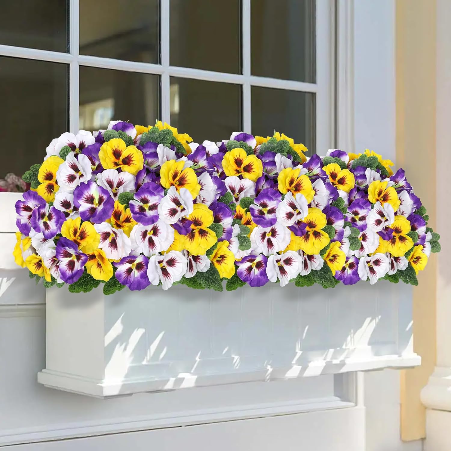 SOMYTING Fake Pansy Artificial Flowers for Outdoor, Artificial Pansies Flowers 12 Bundles Faux Silk Pansies Spring Flowers for Outside Porch Window Box Home Decor (Purple&Yellow&White, 12PCS)