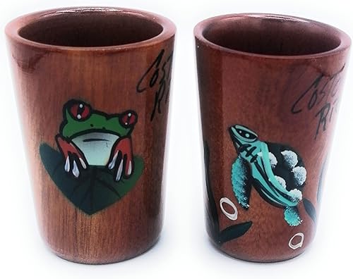Juego de 2 vasos de chupito de tequila de madera - Pintados a mano con diseños de Frod y Tortuga Verde Bosque Costarricense - 1.5 fl oz o 1.5 fl oz