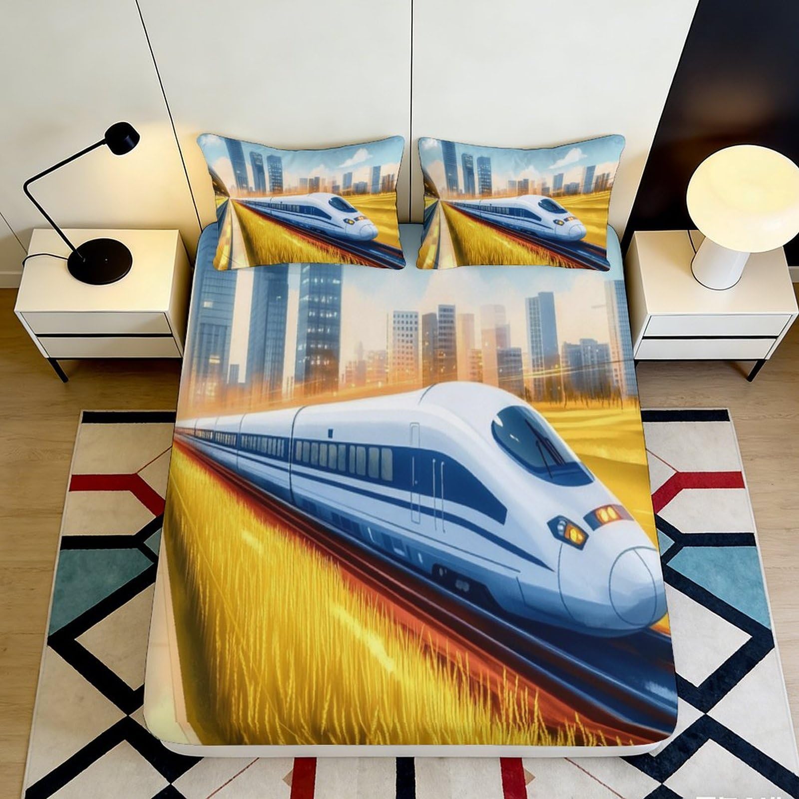 Dhbaneiok Style-3 3D Printed High-Speed Train Cityscape Fitted Sheet Microfiber Soft Bed Cover For Bedroom Guest Room Décor 90X200x25cm