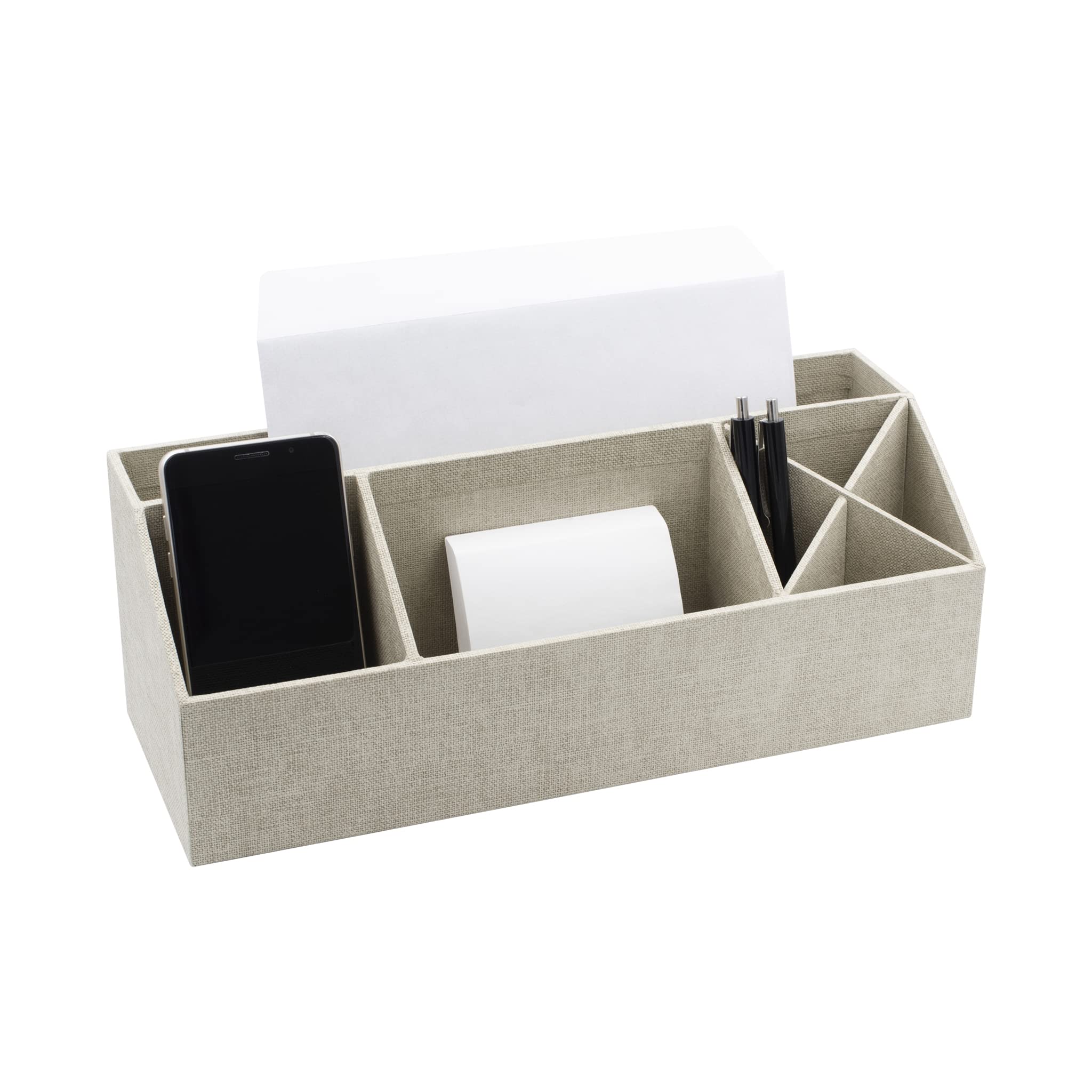 Bigso Box of Sweden Organizer scrivania con 4 scomparti - Scatola da scrivania per note, graffette, penne e altro - Portacancelleria in fibra di legno e carta effetto lino - beige