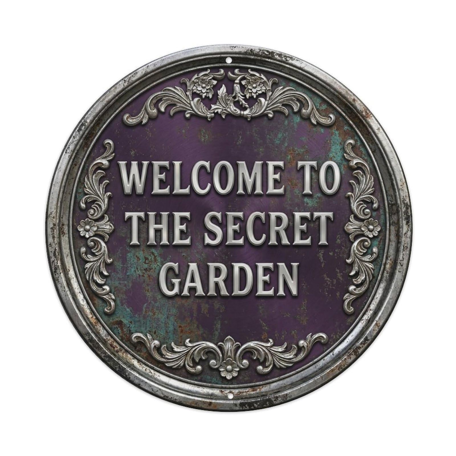 Vintage Welcome Secret Garden Silver Eggplant Brushed Metal Tin Sign