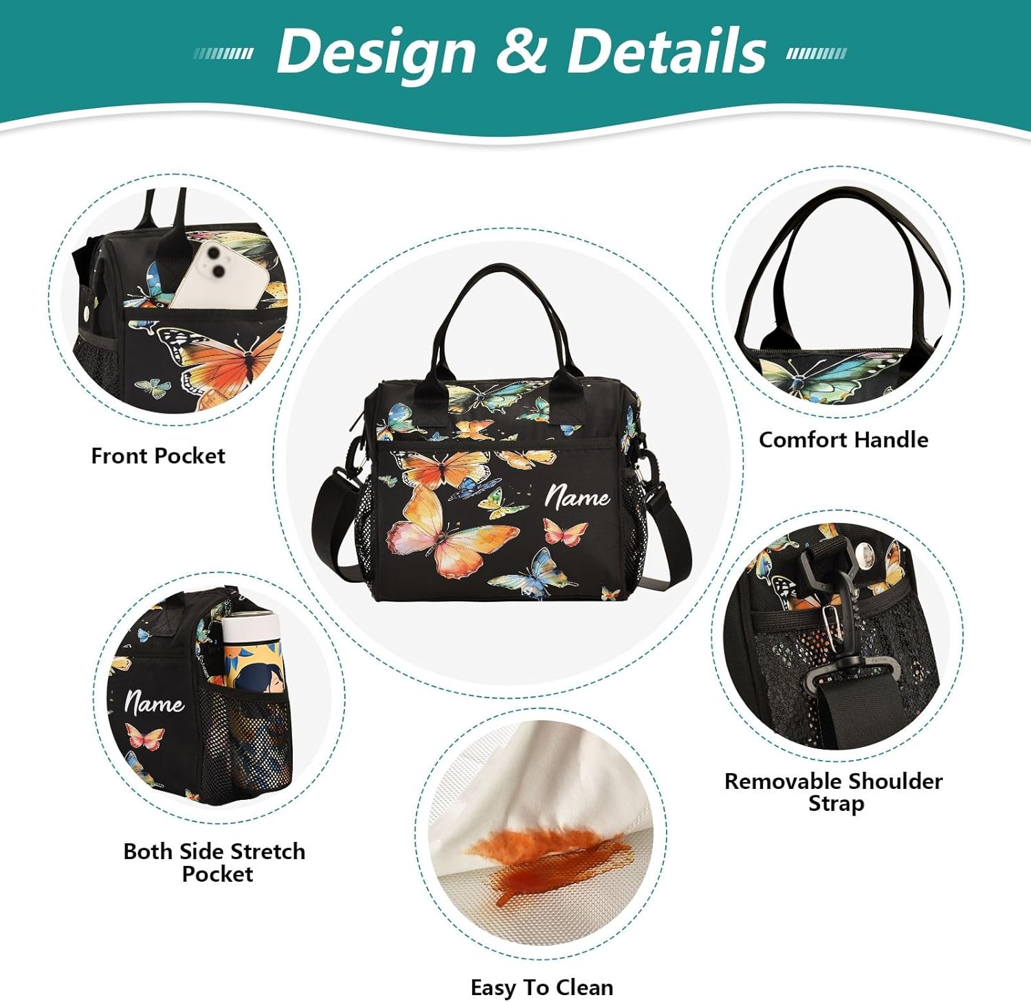 Custom Insulated Lunch Bag Butterflies Night Sky Cooler Tote Bag Organizer with Name Reusable Lunch Box for Work