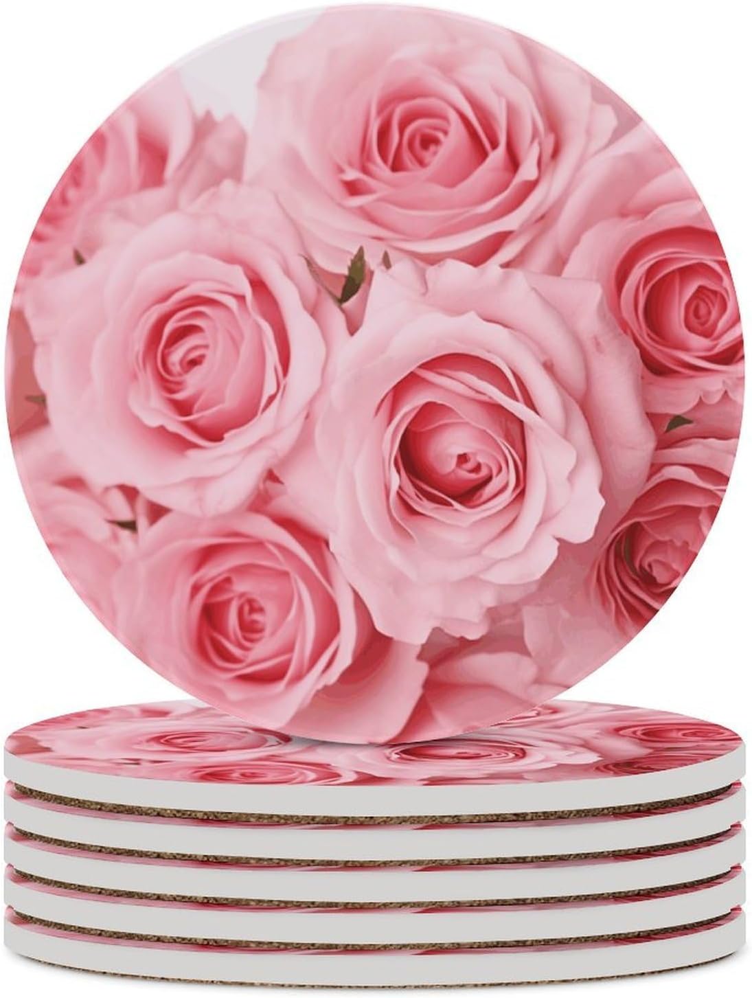 Pink Fresh Roses Coaster with Cork Base Drink Coasters for Coffee Table Decor Modern Cup Coasters with Non-Slip & Heat-Resistant Cute Ceramic Table Coaster for Home Dining