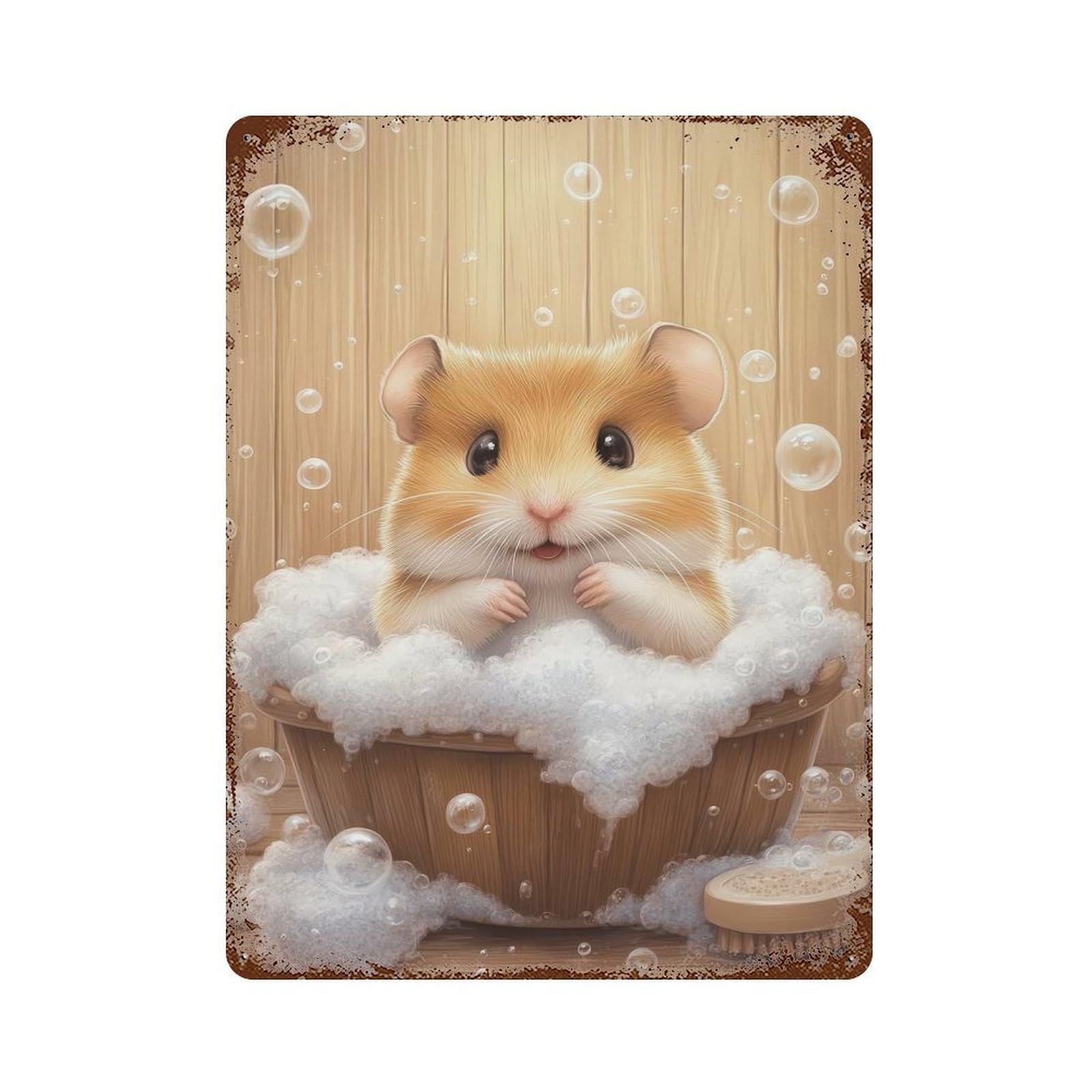 Cute Hamster Bath Time 15.7"x11.8" Rustic Tin Plaque, Farmhouse Wall Decor for Basement, Hobby Room And Garage Decor