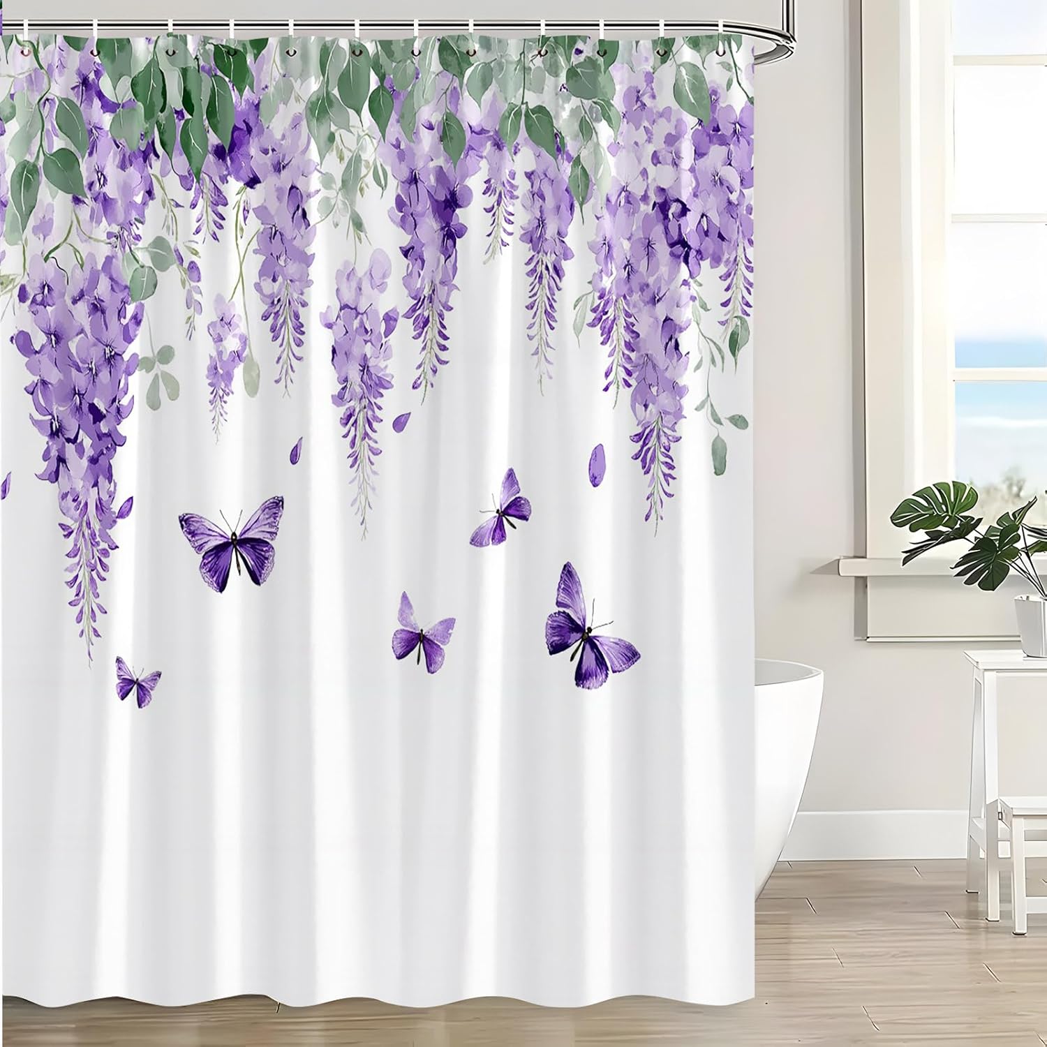 Wisteria Floral Shower Curtain Purple Flower Butterfly Sage Green Vine Leaves Spring Nature Scenery Plant Weeping Blossom Wildflower Watercolor Purple Bath Curtains with Hook,70x83.8 Inch
