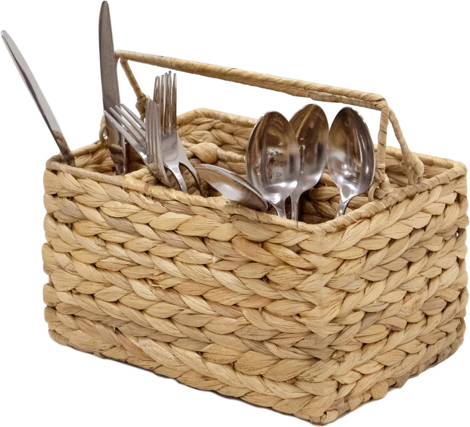 MadeTerra S Large Wicker Utensil Caddy Carrier | Water hyacinth Woven Condiment Holder for Table - Kitchen Set Counter Top Organizer - Rustic Small Storage for Dinner Set, Wine