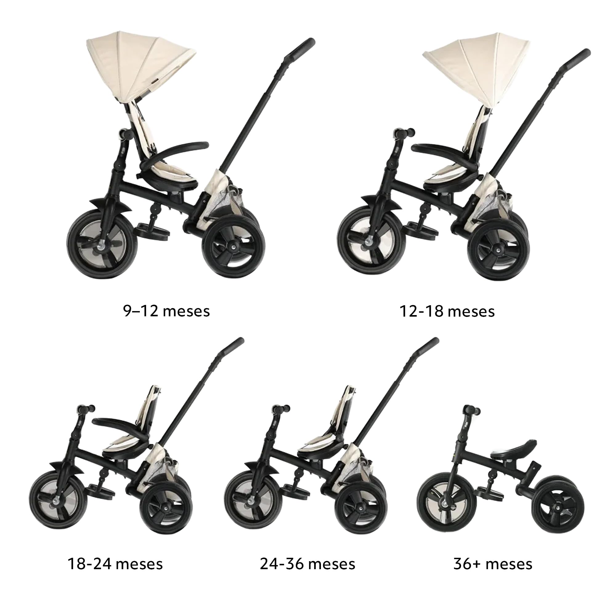Deryan Explorer Triciclo 9 Meses a 25 kg - Evolutivo, Bicicleta Sin Pedales, Bicicleta Bebe, Plegable, para Niños, Asiento Reversible, Capota con protección Solar, Cesta, Arnés de 5 Puntos - Crema