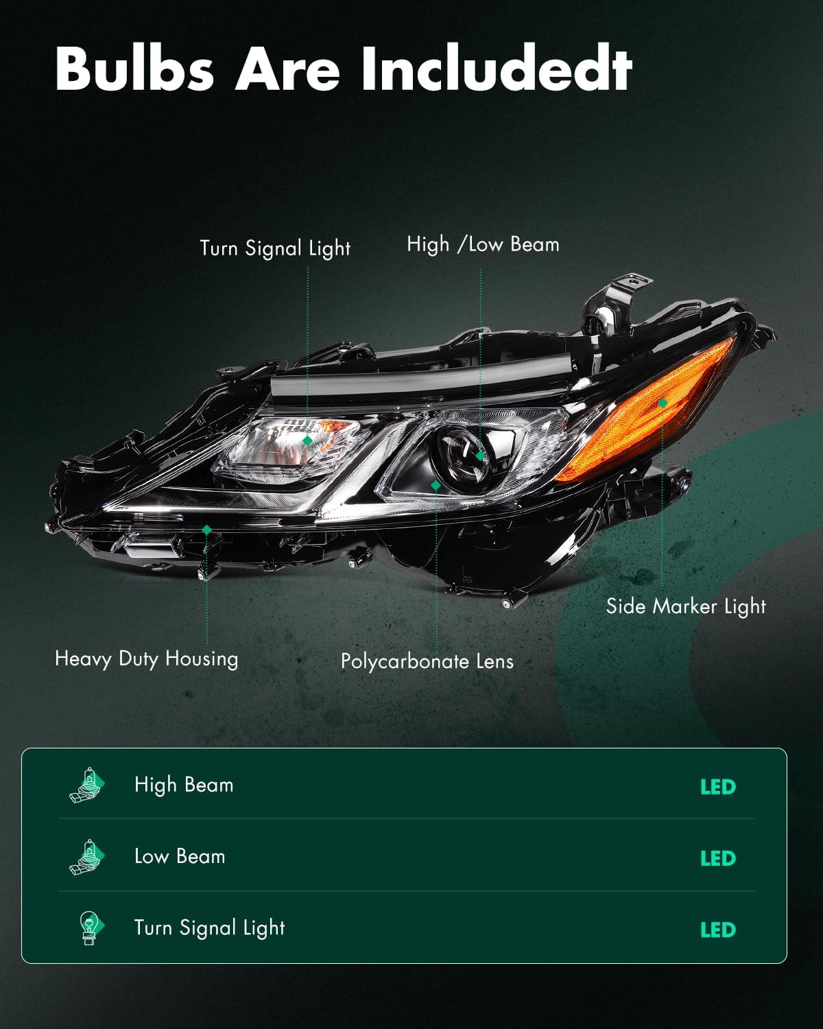 SCITOO LED Headlight Assembly Fit 2018-2022 for Toyota Camry LE Black Housing Amber Reflector Pair Headlights 81150-06D72