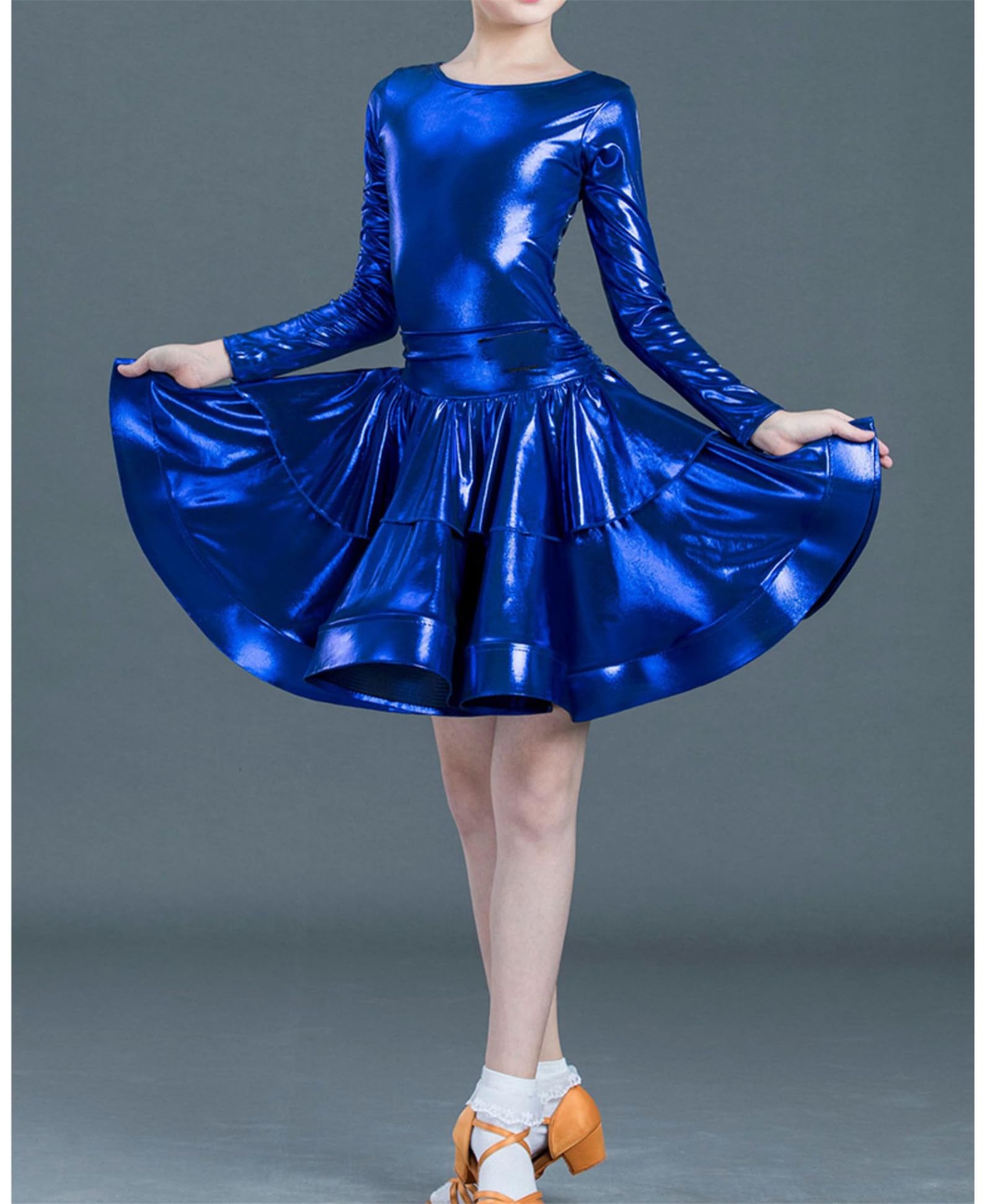 Grazioso Completo da esibizione per Bambini - Gonna a Pieghe Classica a Maniche Lunghe, Orlo Arruffato - Gonna a Battente per Feste da Ballo Brillante Samba Tango Cha-Cha