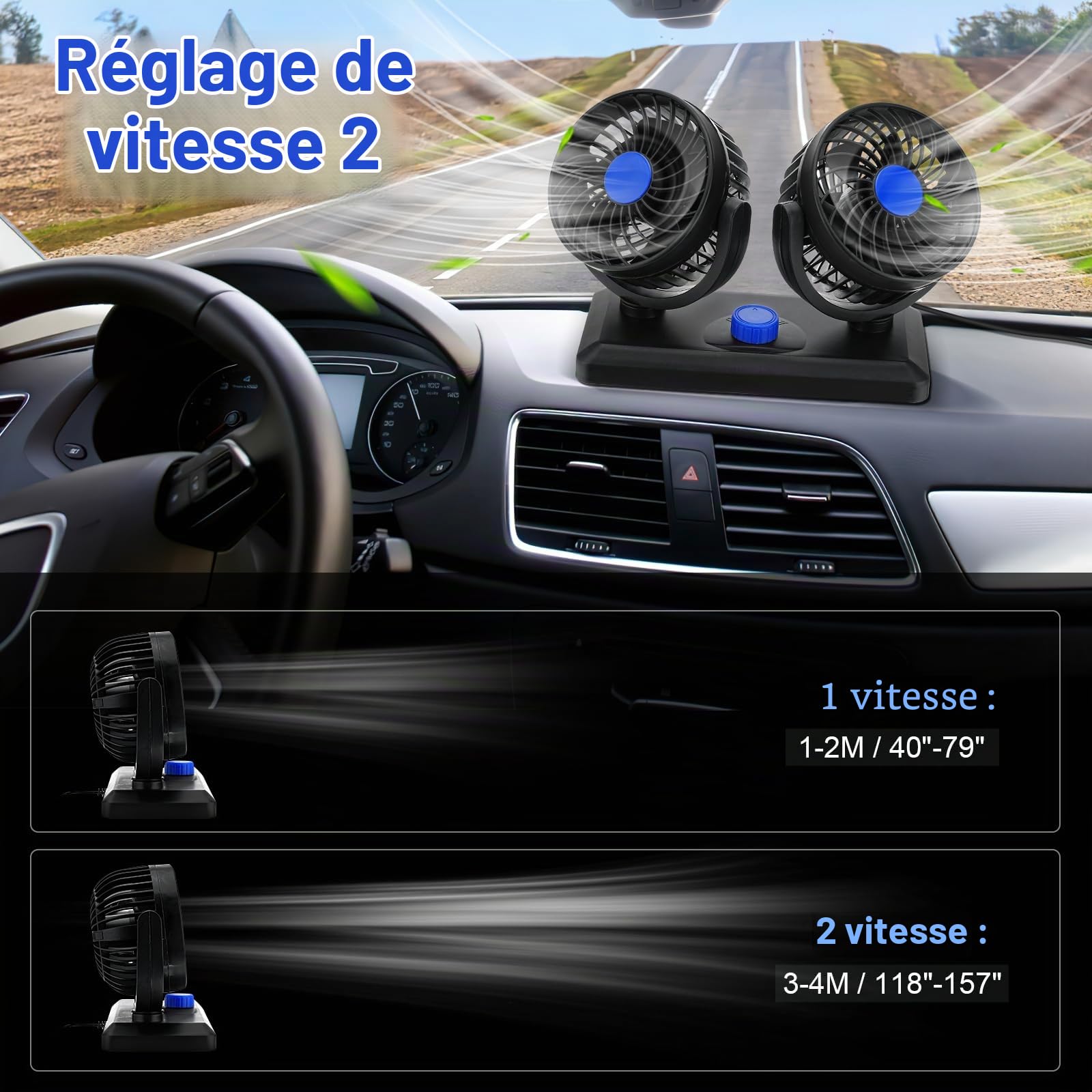 Ventilateur de refroidissement portable pour voiture, ventilateur de voiture 12V/24V, ventilateur de tête double avec ventilateur de refroidissement réglable à 2 vitesses (12V bleu)
