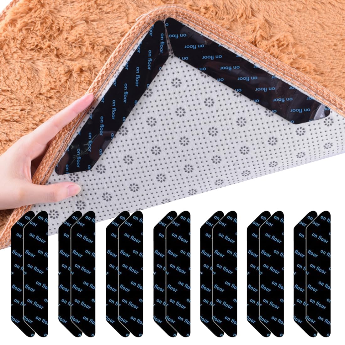 WeddHuis 14 Piezas Reutilizable Lavable, Adhesivo para Alfombra, Pinzas para Alfombras, Cinta y Pinzas para Alfombra, Sujeta Alfombras para Casa, Reutilizable para Alfombras de Suelo