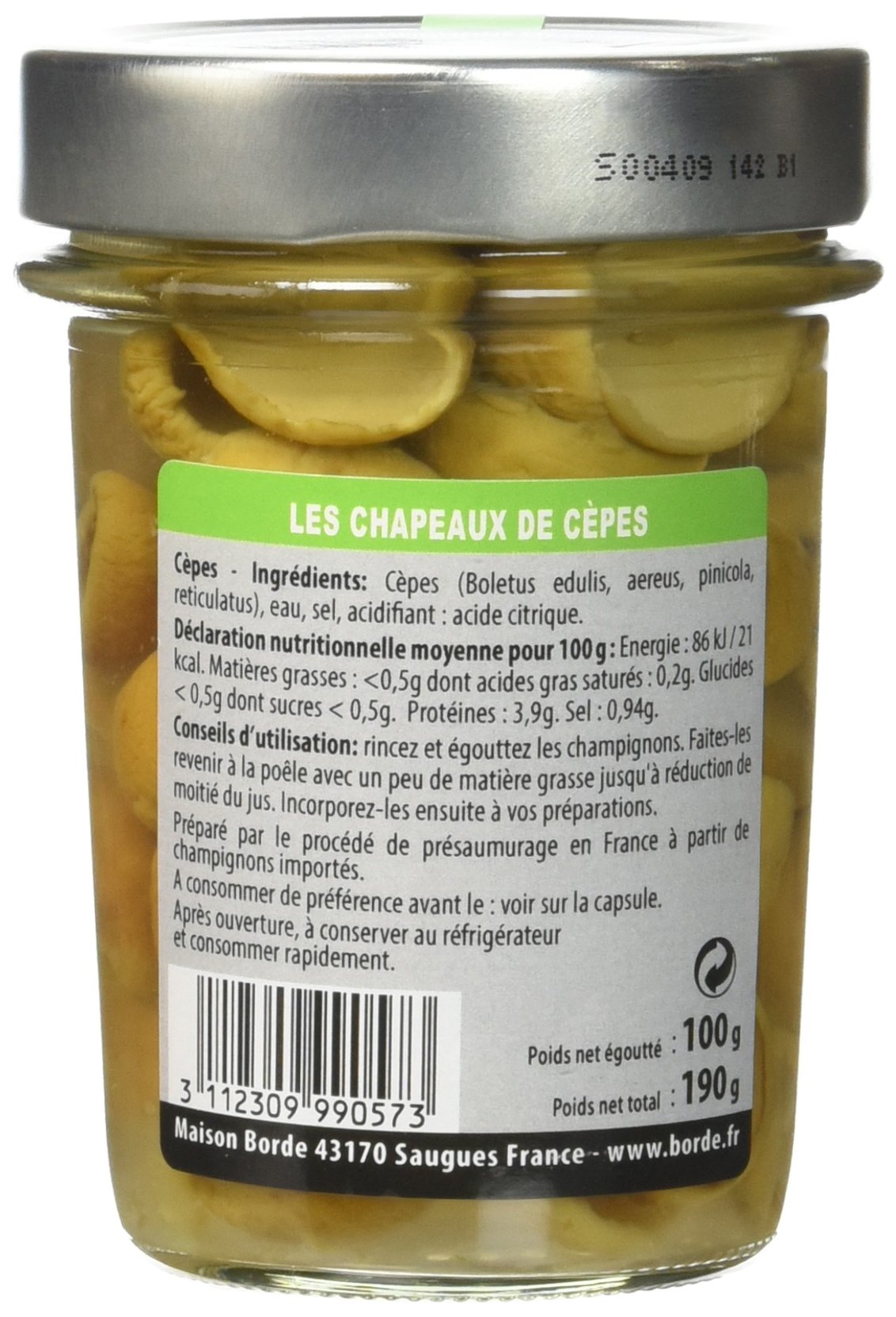 Borde Chapeaux de Cèpes en Conserve Bocal 100 g - Lot de 4